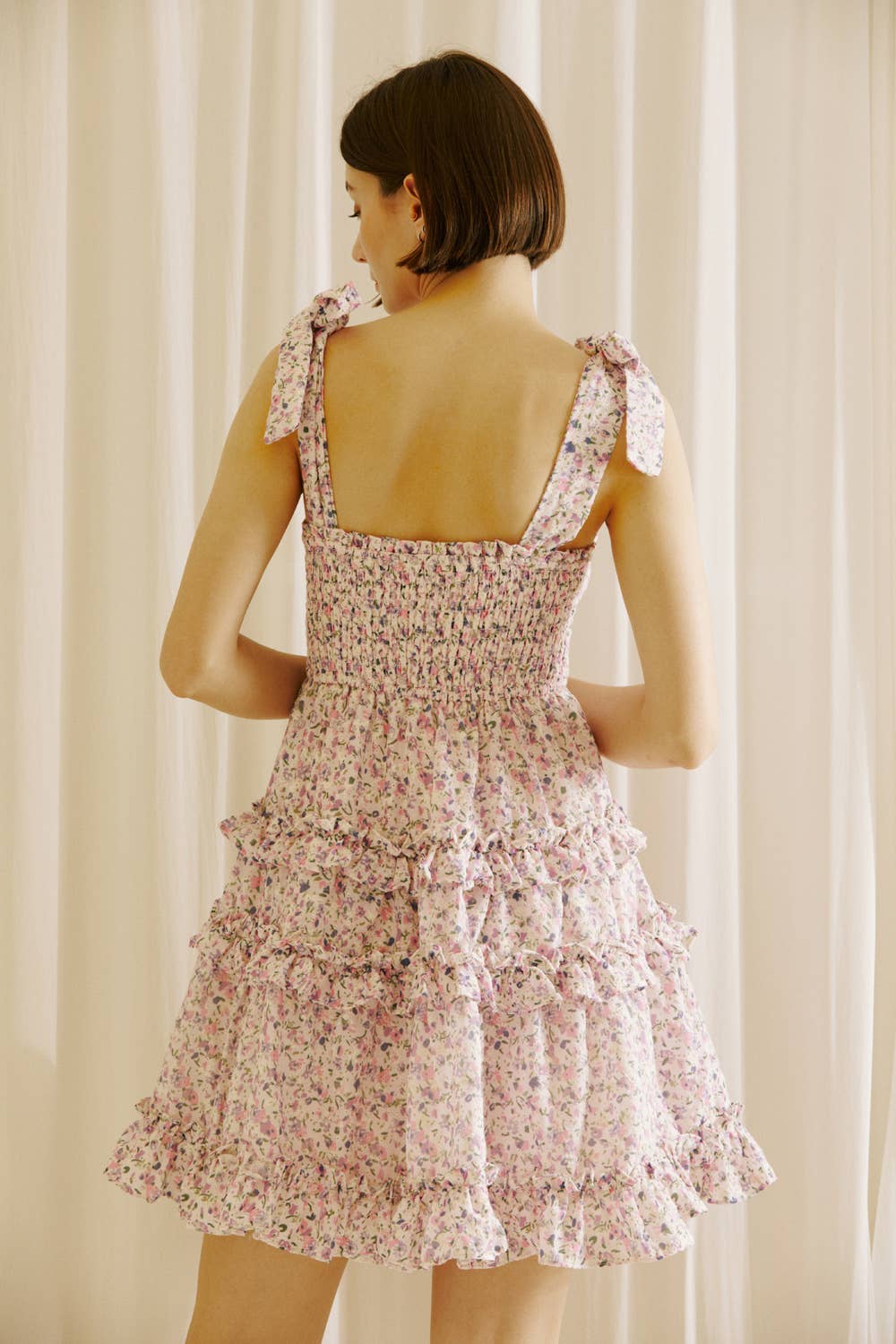 PARK GIRL FLORAL RUFFLED MINI DRESS: Lavender Floral / S