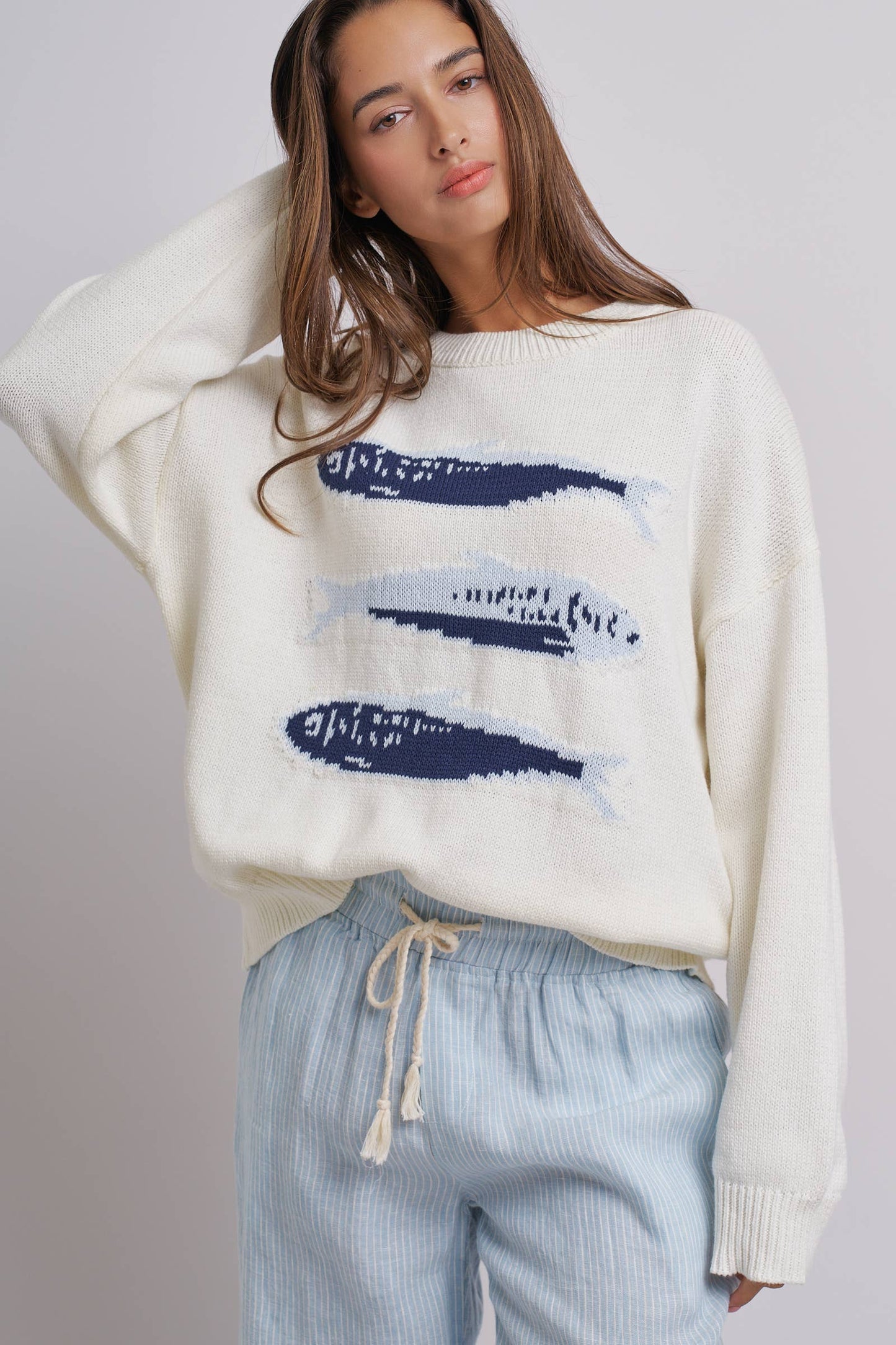 Graphic Oversized Drop-Shoulder Knit Sweater: Blue / SM-ML:3-3
