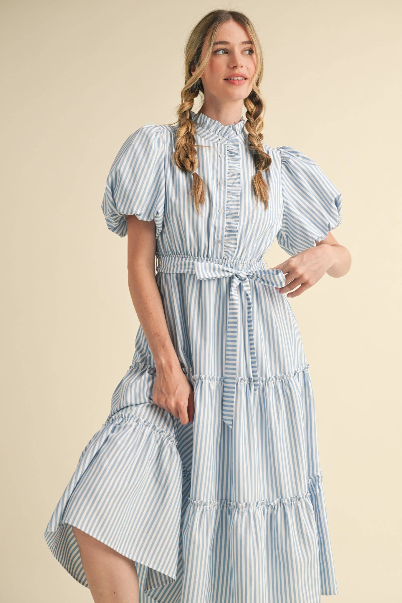 STRIPED RUFFLED BUTON DOWN MIDI DRESS - SKYBLUE STRIPE