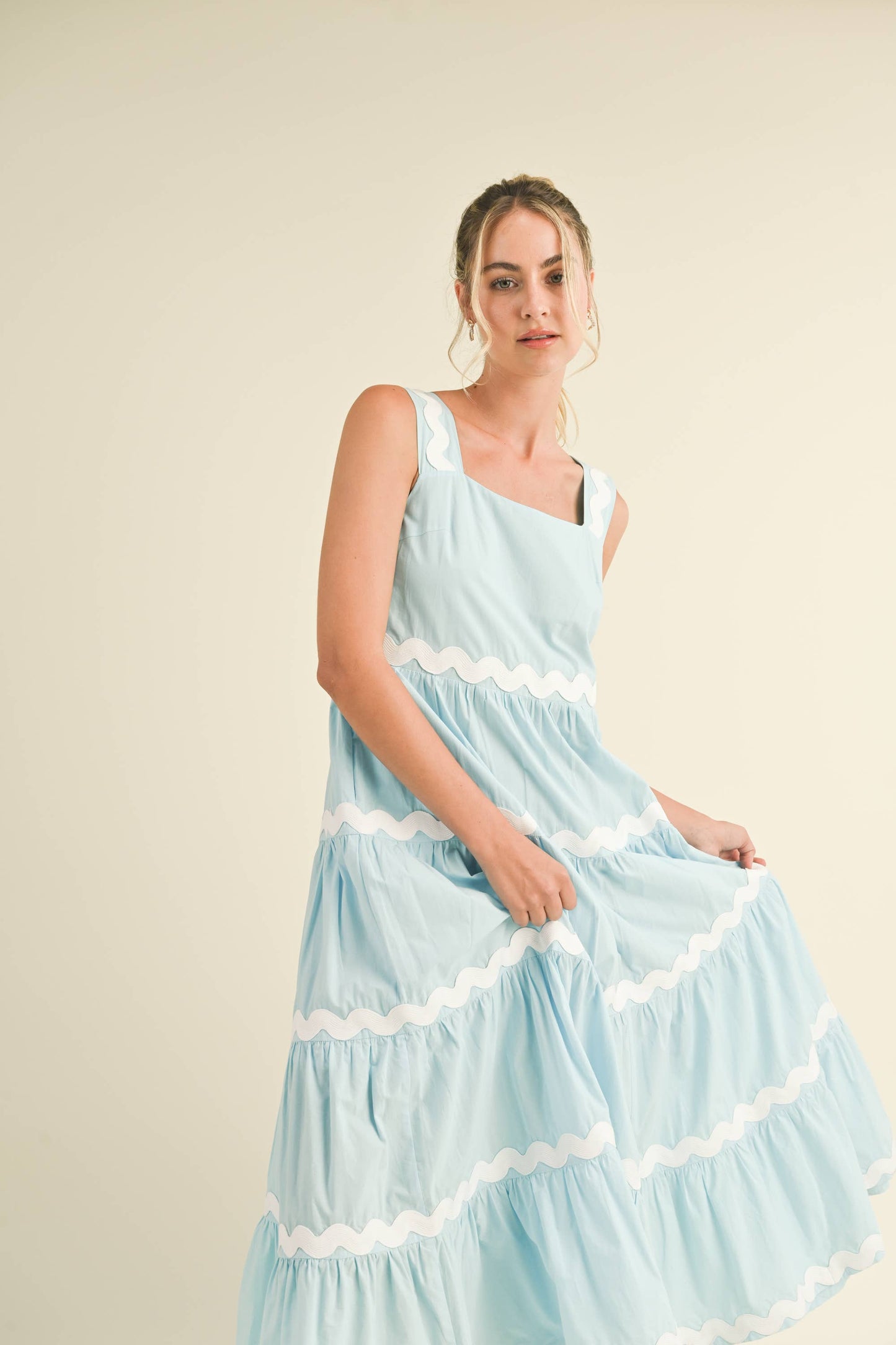TIERED RIC RAC TRIM MIDI DRESS Sky Blue