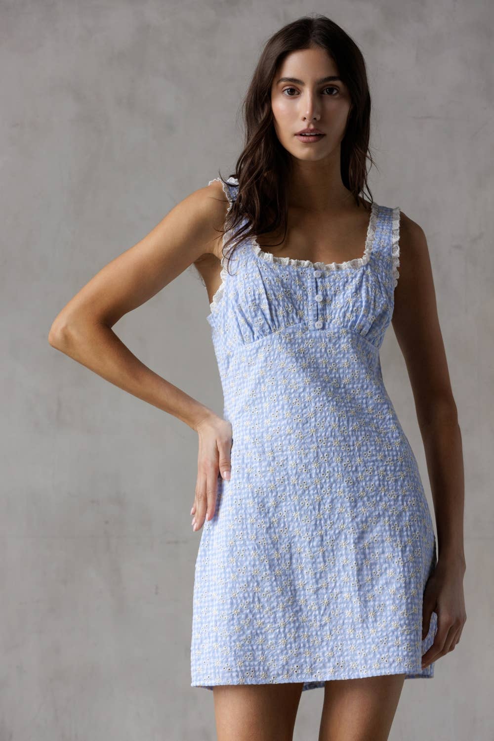 BLUE EYELET DRESS LACE DETAILING