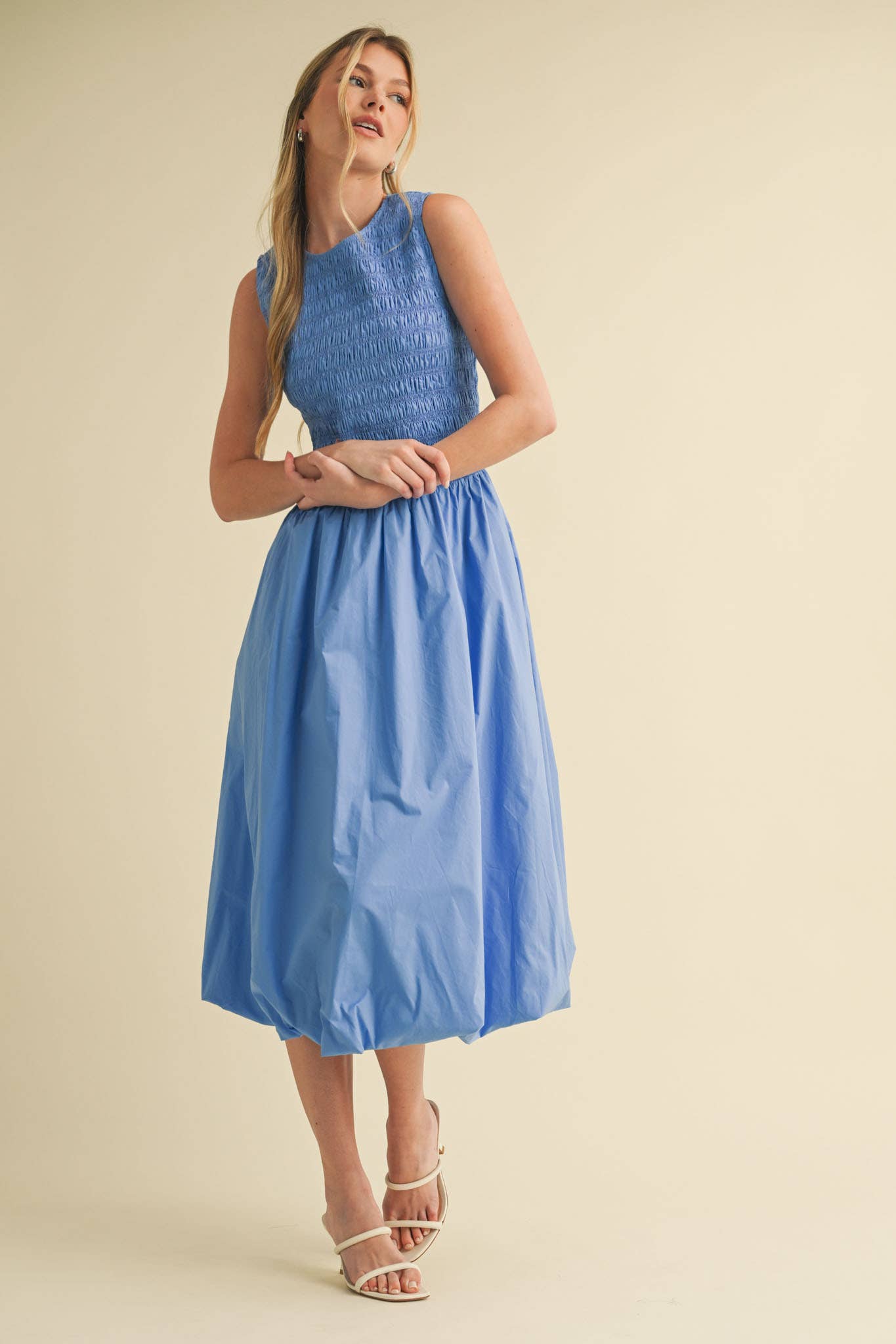 SMOCKED BUBBLE HEM MIDI DRESS MARINE BLUE