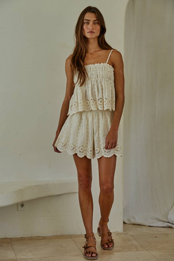 Woven Cotton Eyelet Tube Neck Spaghetti Strap Top