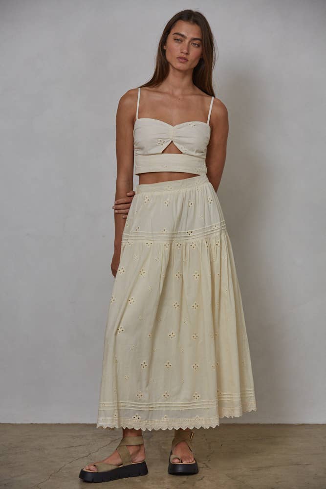 Butter Yellow French Woven Cotton Eyelet Lace Skirt