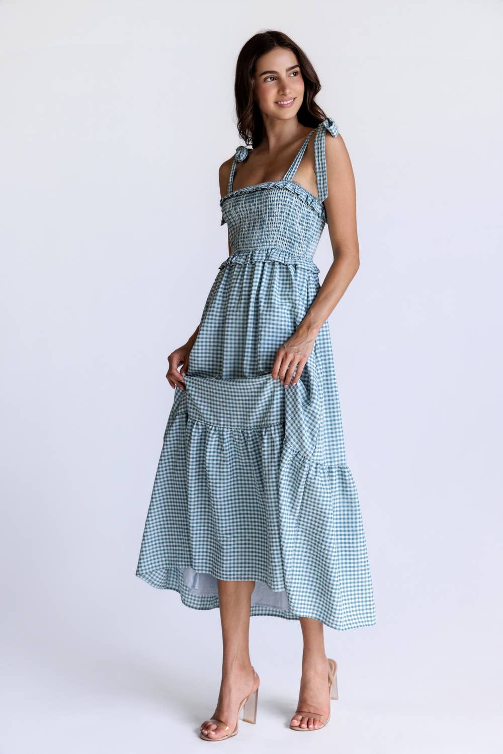 SMOCKED GINGHAM GIRL MIDI DRESS: IVORY & TEAL