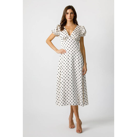 French Girl Silk Polka Dot Dress - ivory/black