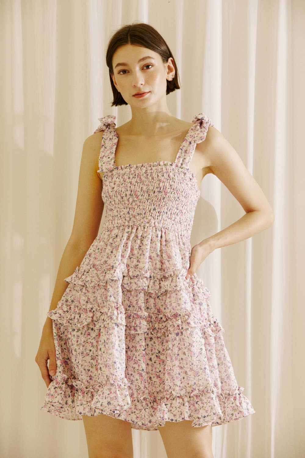 PARK GIRL FLORAL RUFFLED MINI DRESS: Lavender Floral / S
