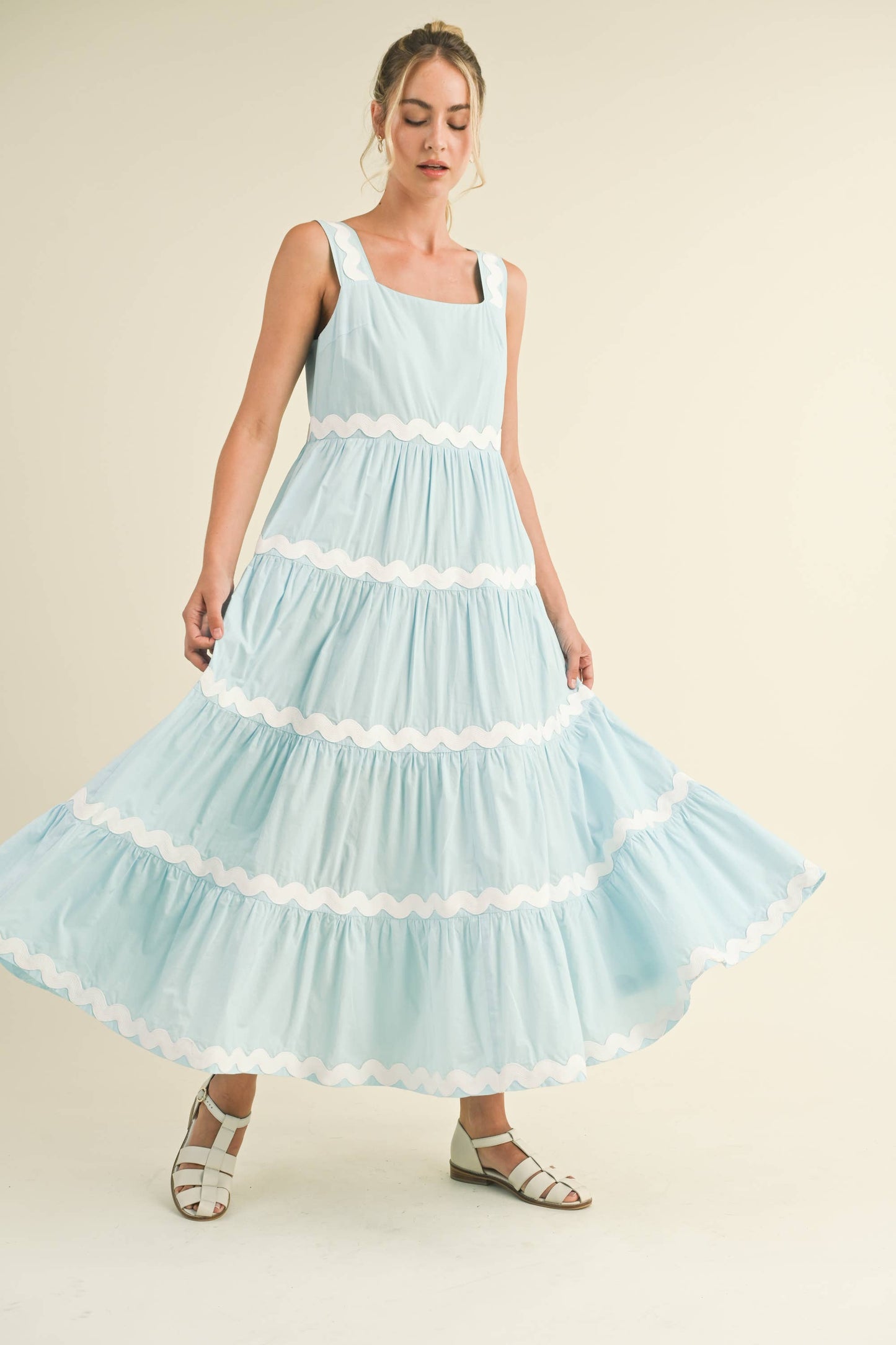 TIERED RIC RAC TRIM MIDI DRESS Sky Blue