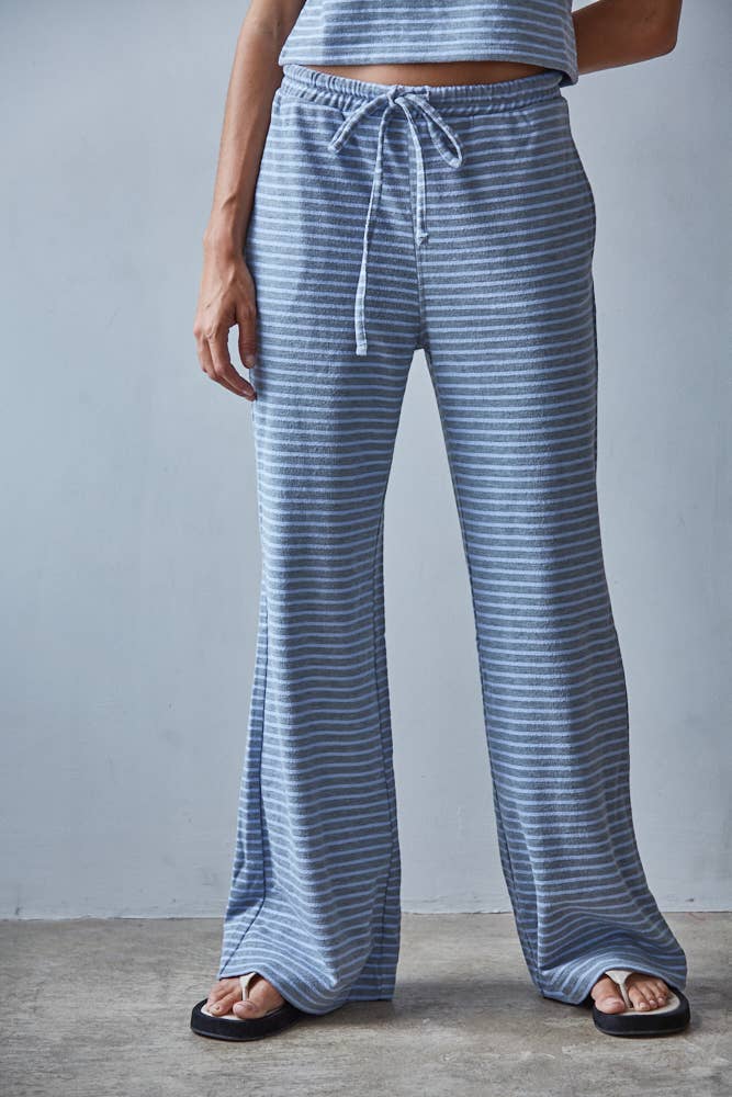 L8945B | Knit Polyester Cotton Striped Flare Pants: Grey Blue / S