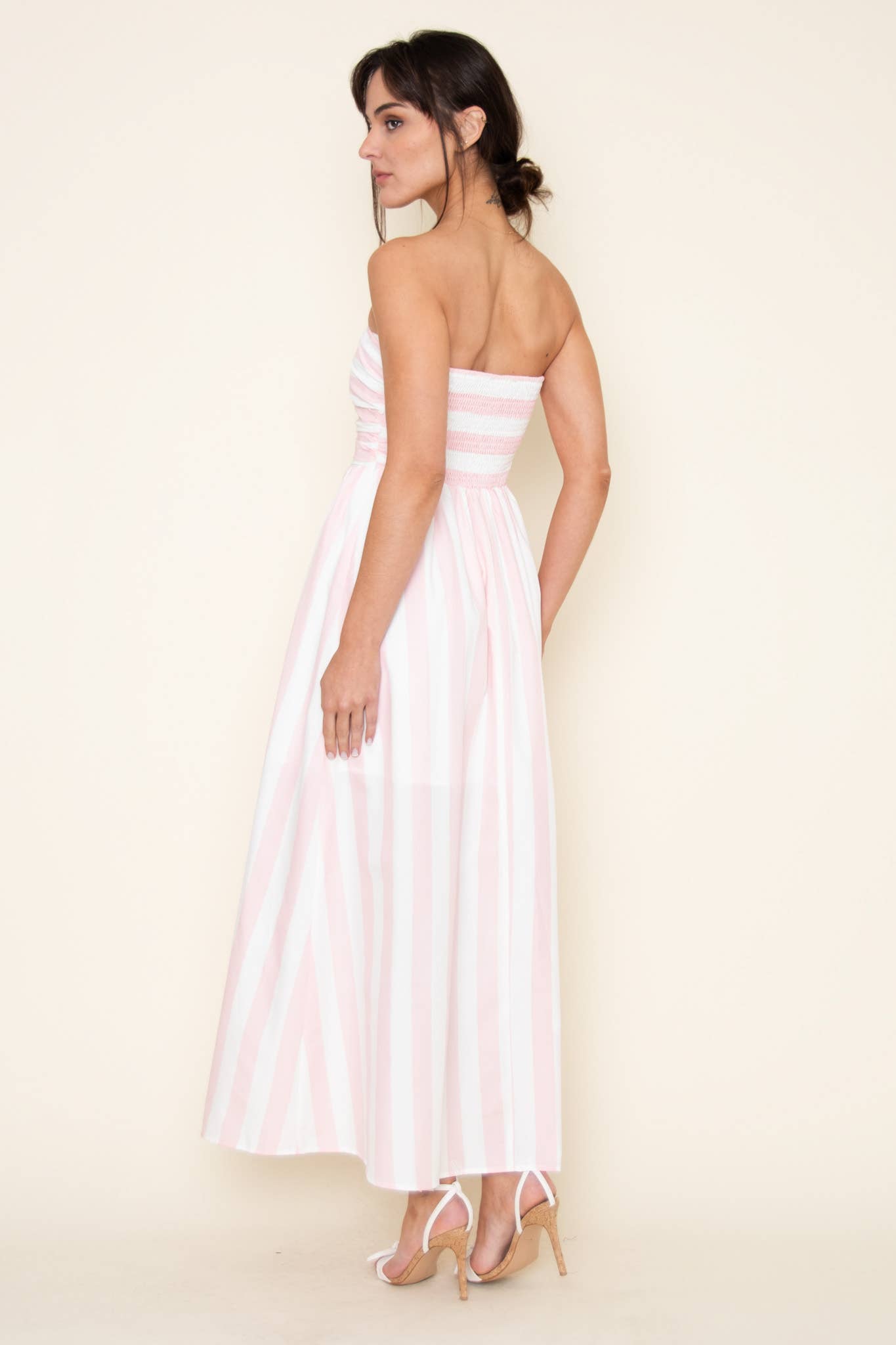 SUMMER STRAPLESS PINK STRIPE DRESS