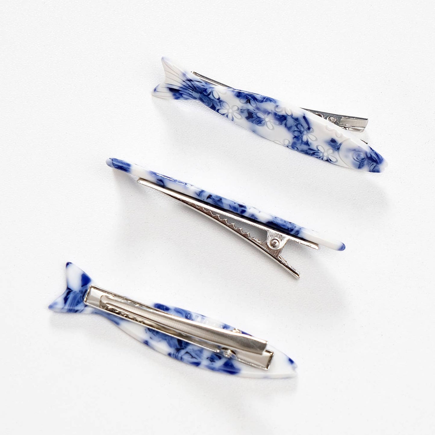 Coastal Blue Floral Sardine Fish Barrette Hair Clip - Small