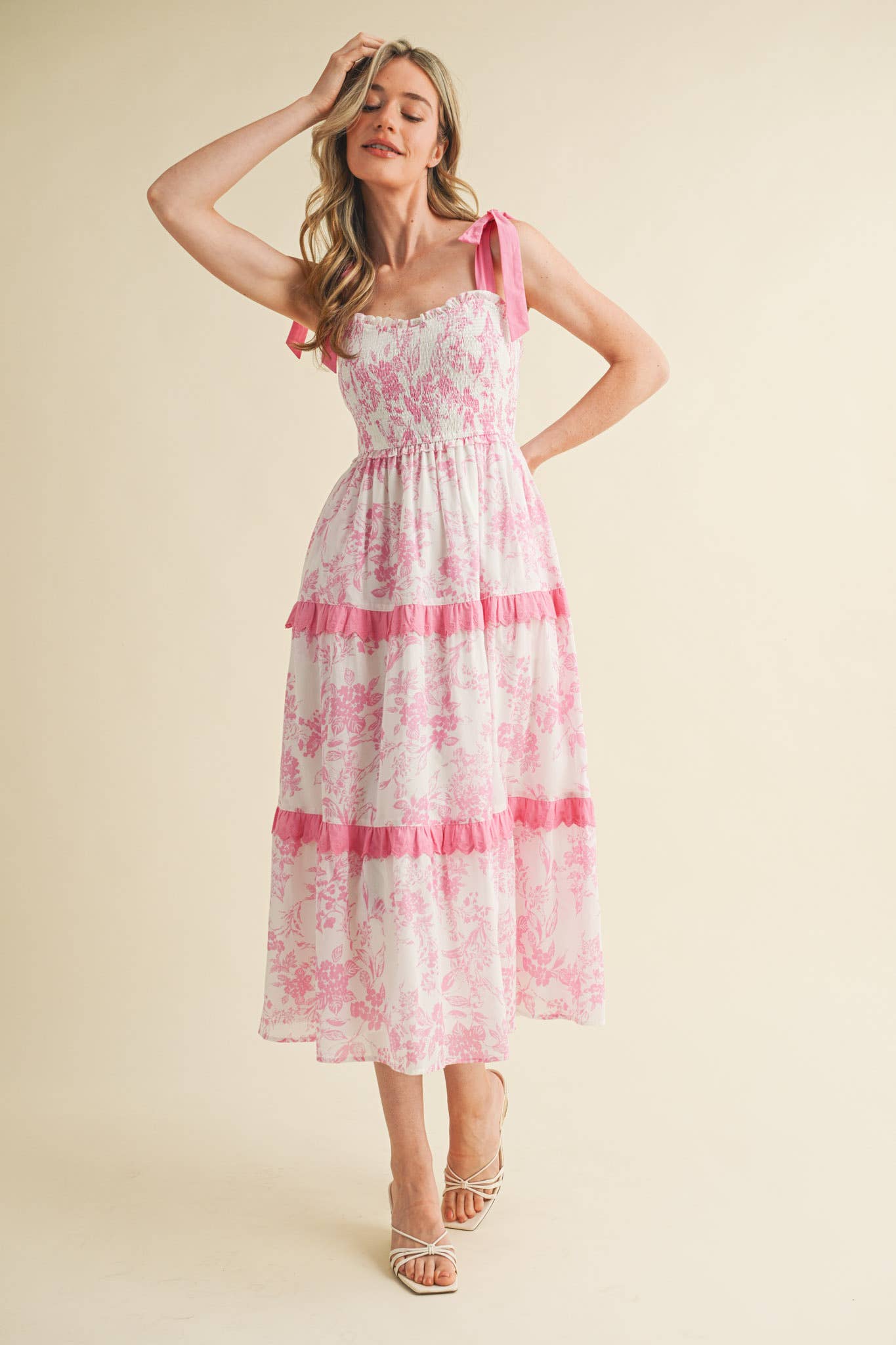 PINK FLORAL TIERED SCALLOP TRIM DRESS