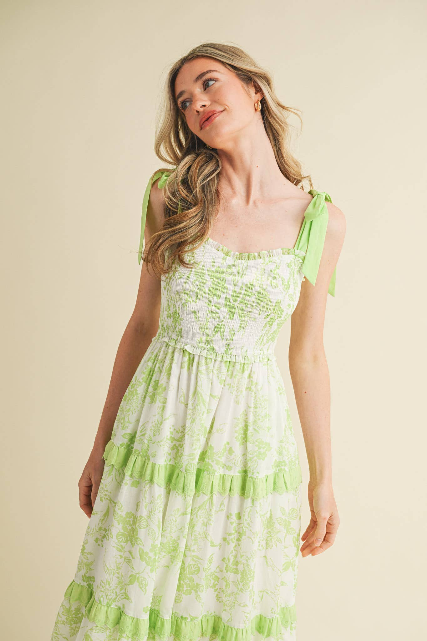 PINK FLORAL TIERED SCALLOP TRIM DRESS