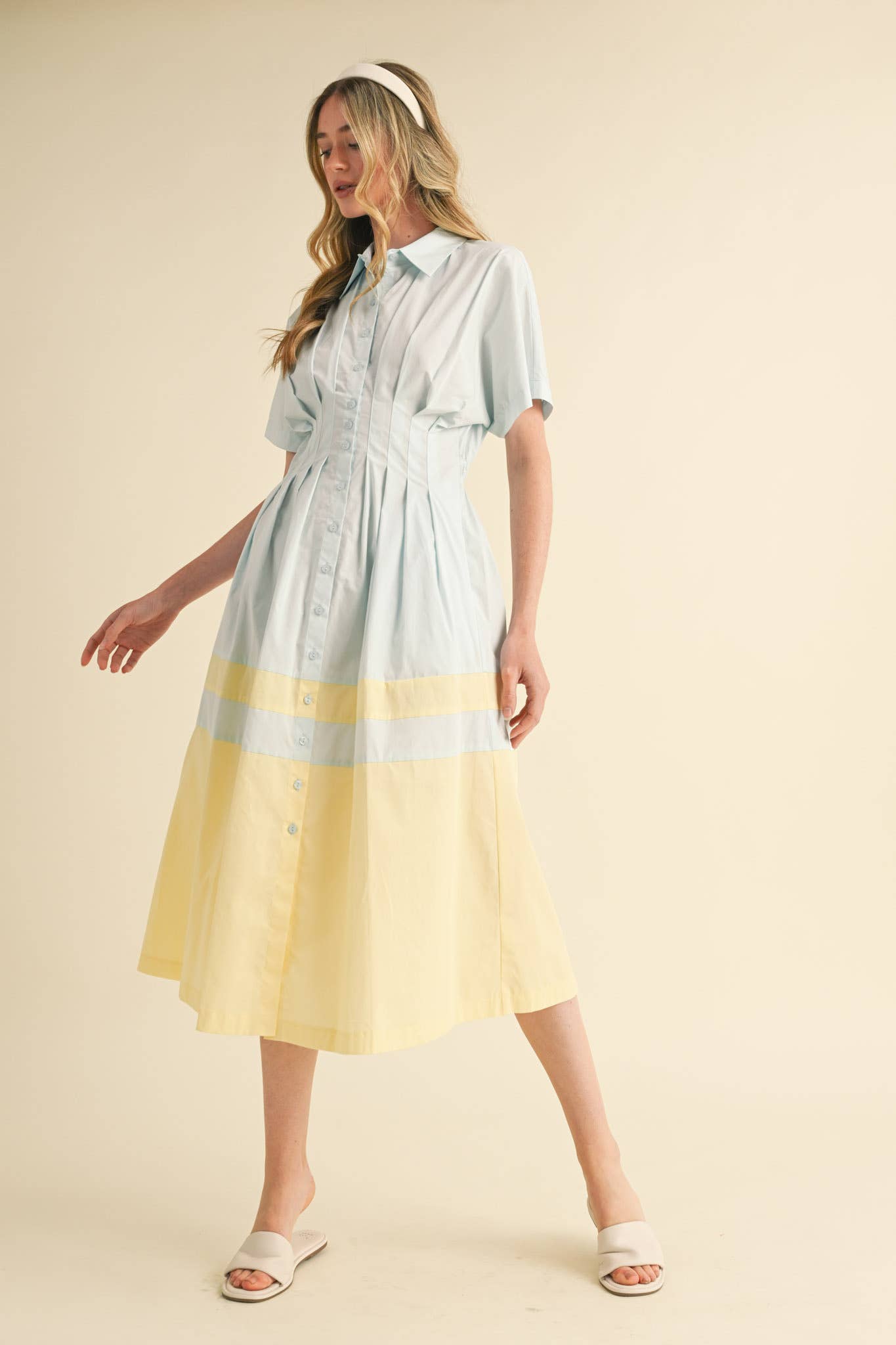THE BEST HOSTESS BUTTON DOWN PLEATED WAIST COLOR BLOCK DRESS