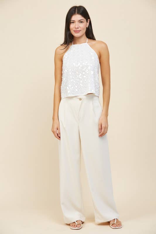 IT GIRL Floral Sequin Halter Backless Top: WHITE