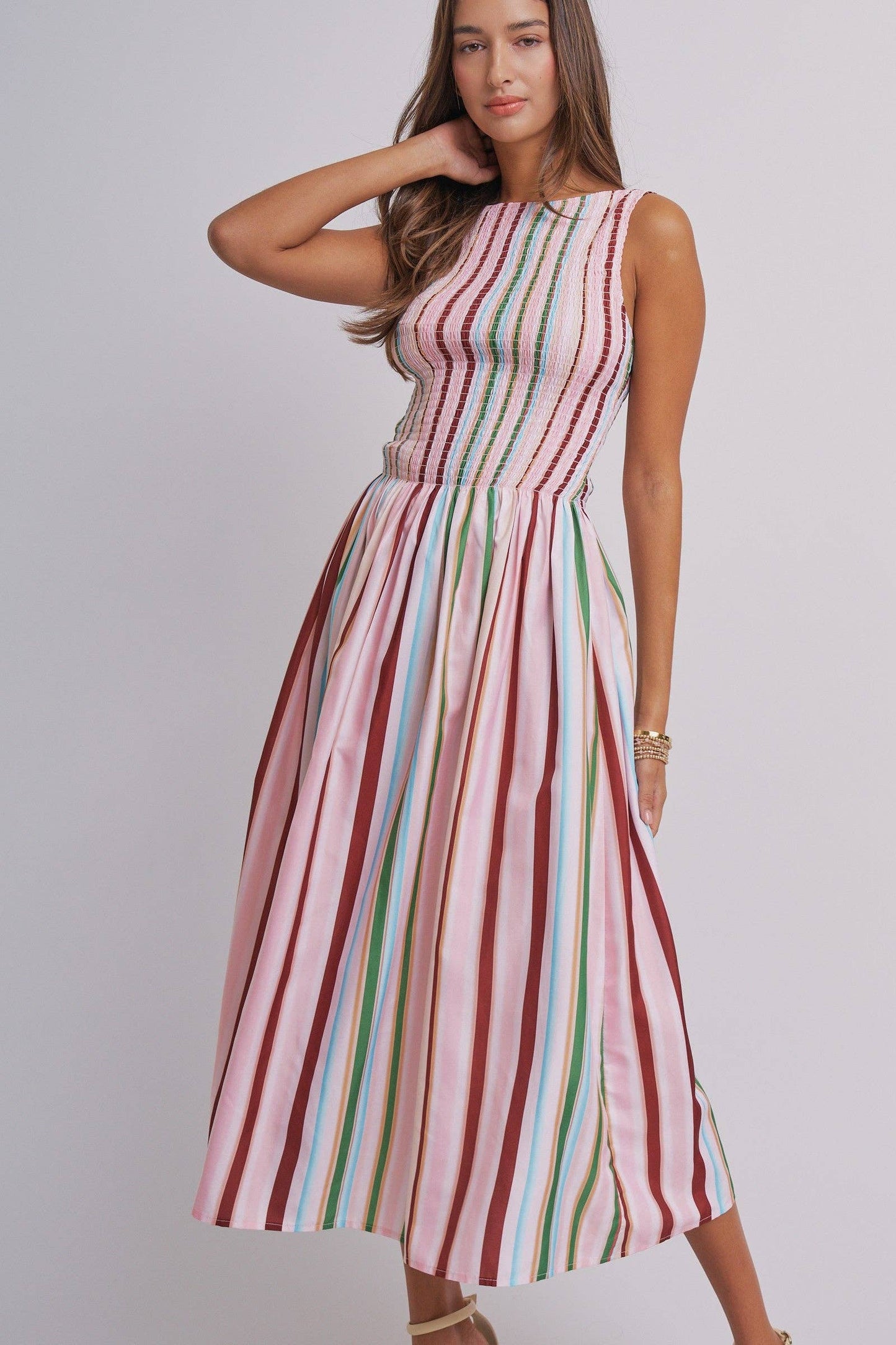 Candy Stripe Smocked Midi Dress With High Neckline: Multi / S-M-L