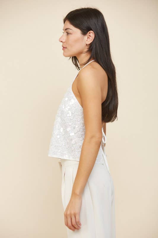 IT GIRL Floral Sequin Halter Backless Top: WHITE