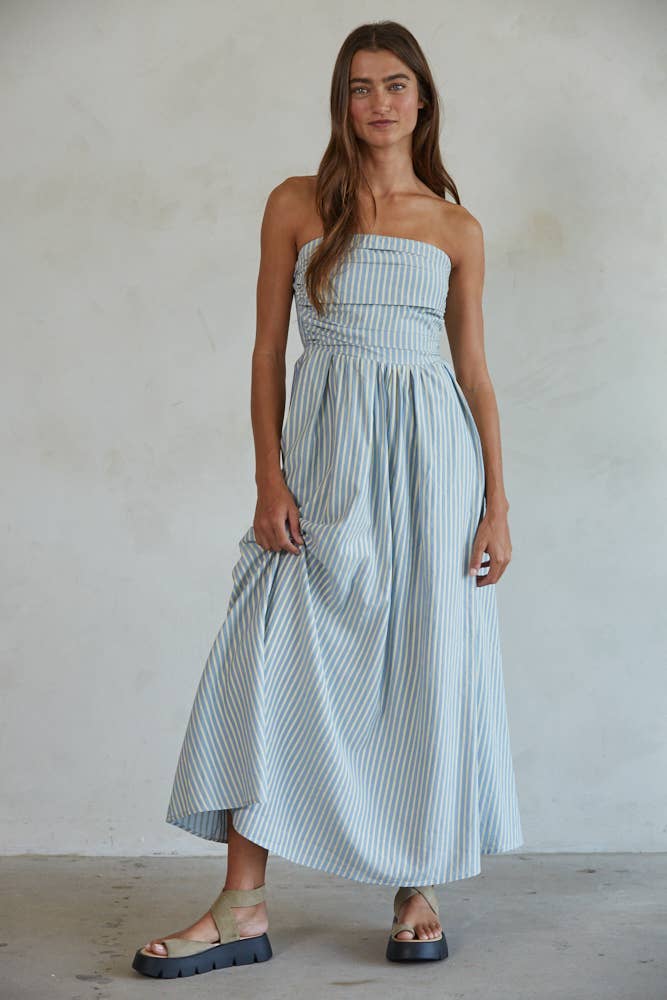 L6998 | Striped Tube Neck Strapless Flare Maxi Dress: Dusty Blue / S