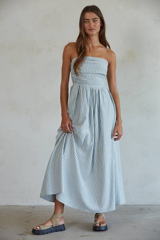 Striped Tube Neck Strapless Flare Maxi Dress: LIGHT BLUE