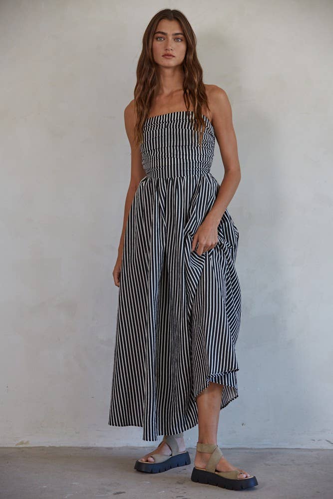 L6998 | Striped Tube Neck Strapless Flare Maxi Dress: Dusty Blue / S
