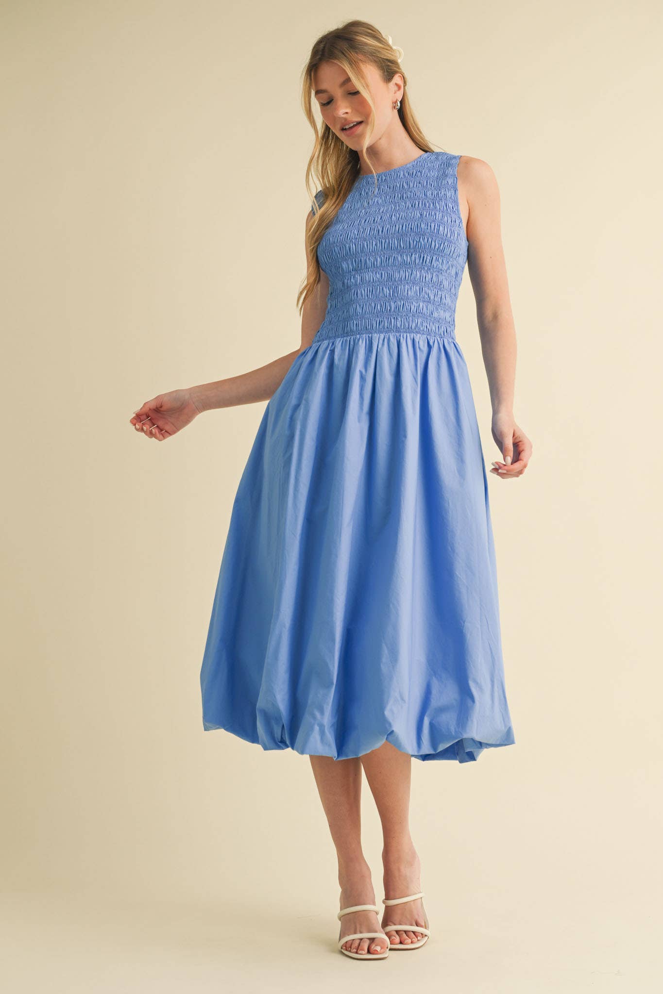 SMOCKED BUBBLE HEM MIDI DRESS MARINE BLUE