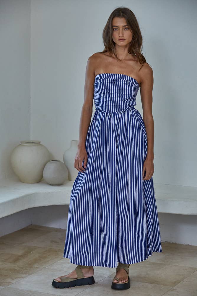 L6998 | Striped Tube Neck Strapless Flare Maxi Dress: Dusty Blue / S