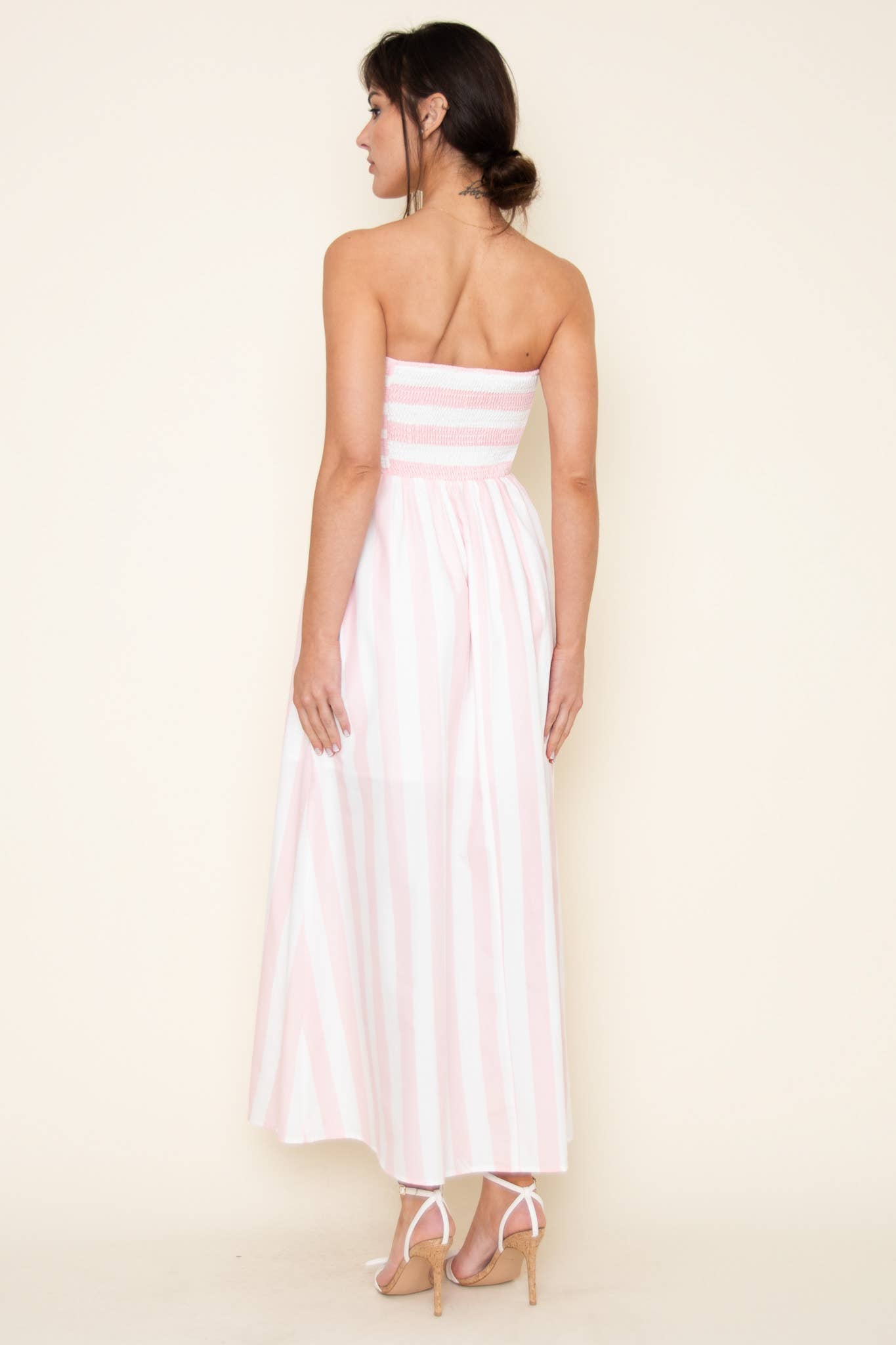 SUMMER STRAPLESS PINK STRIPE DRESS