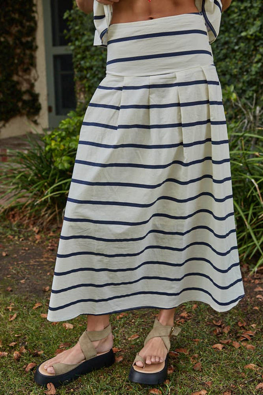 L9538B | Woven Cotton Striped Back Smocking Flare Midi Skirt: Cream Navy / S