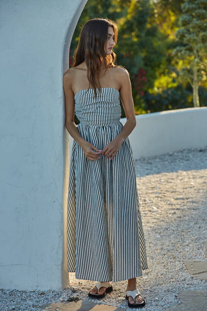 L6998 | Striped Tube Neck Strapless Flare Maxi Dress: Dusty Blue / S