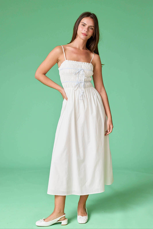 Scarlet Smocked Bow Trim Midi Dress: White/Blue