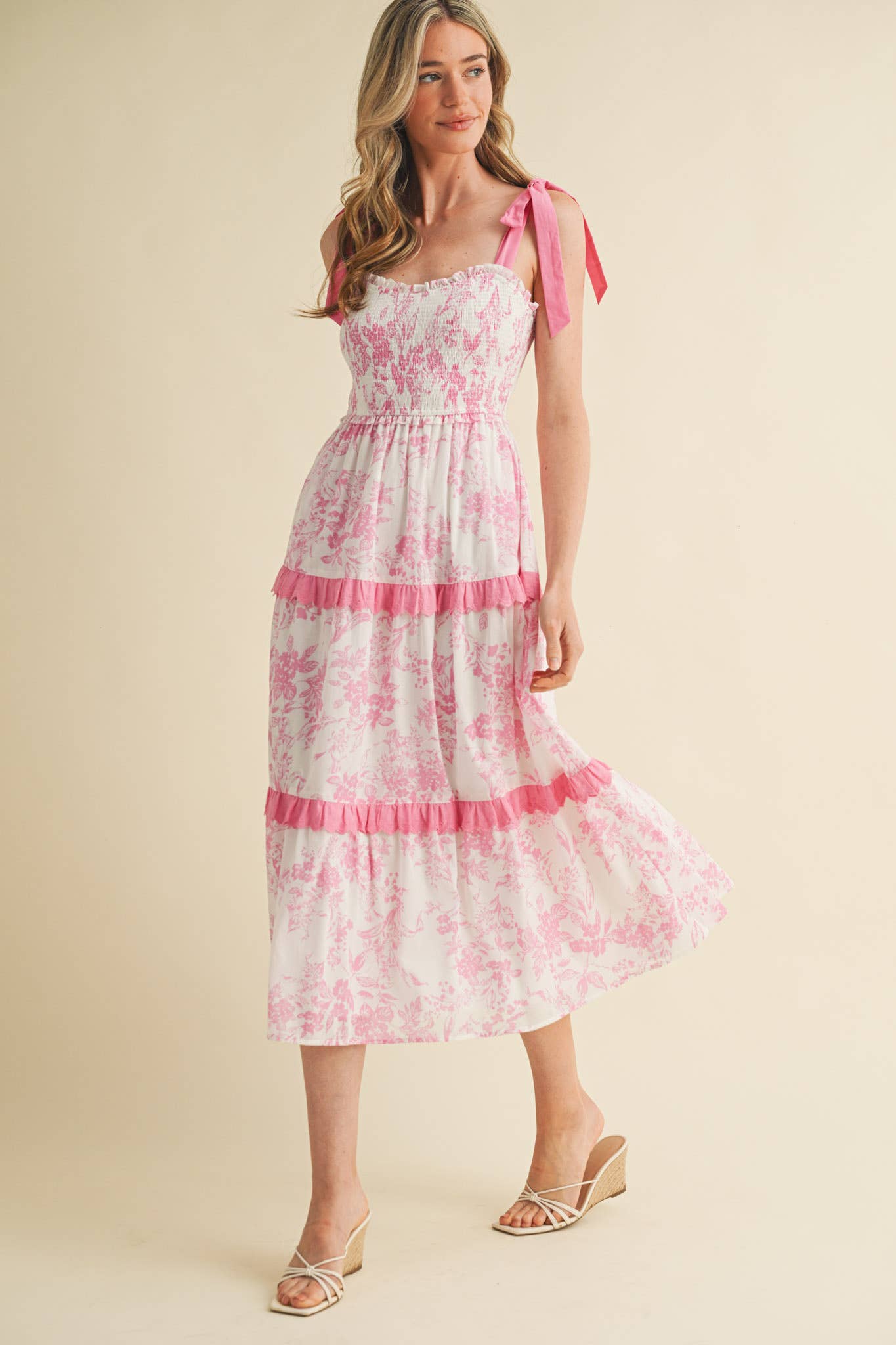 PINK FLORAL TIERED SCALLOP TRIM DRESS