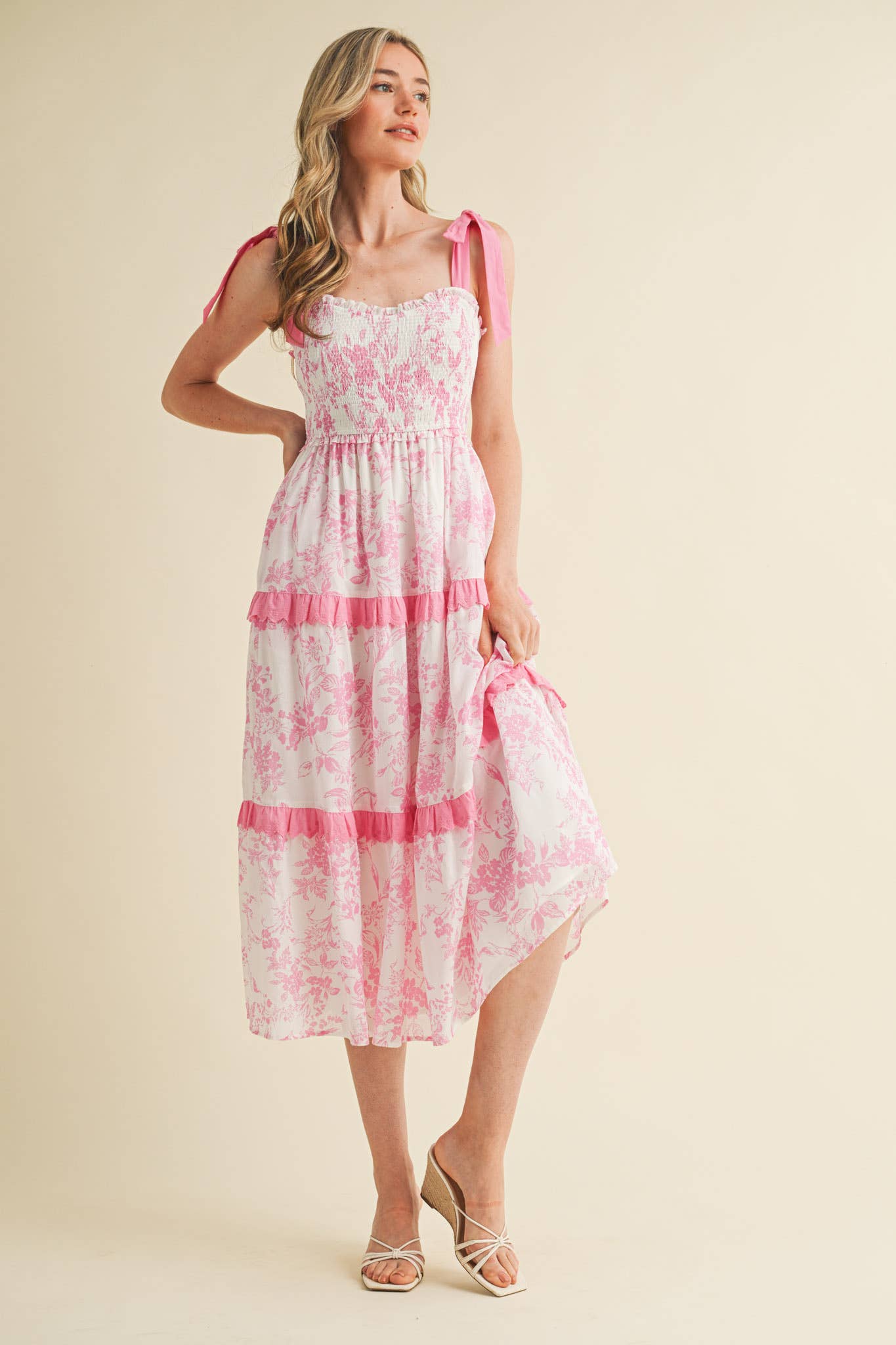 PINK FLORAL TIERED SCALLOP TRIM DRESS