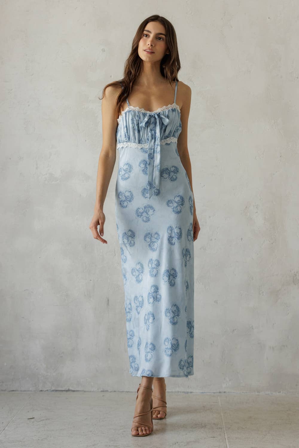 BLUE SEA FLORAL LACE TRIM MIDI DRESS