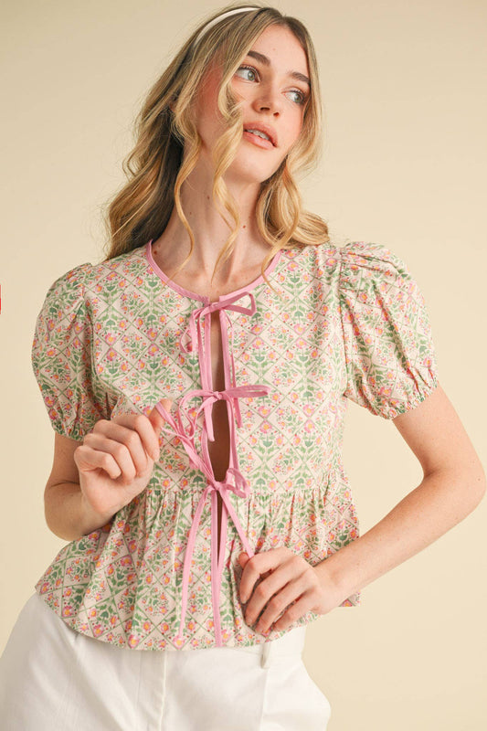 FLORAL TIE FRONT PUFF SLEEVE TOP