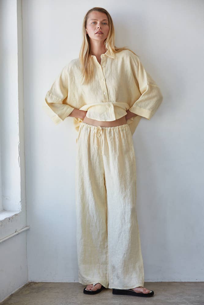 Butter Yellow Linen Wide Leg Pants with Tie Strap