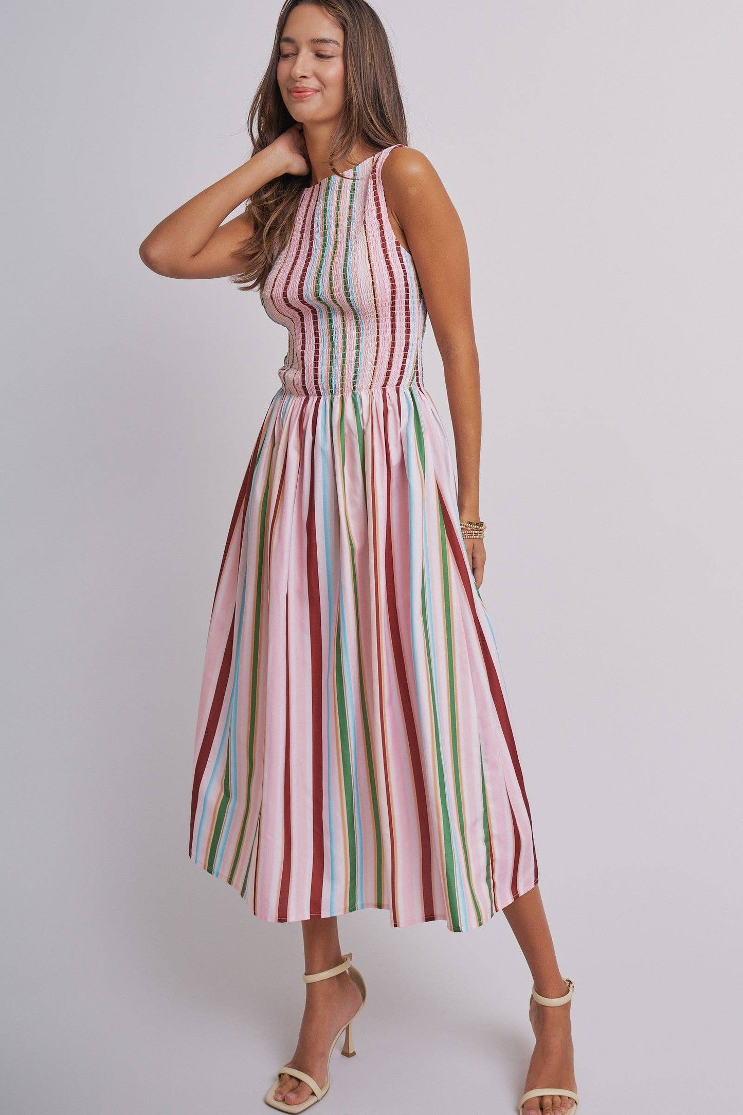 Candy Stripe Smocked Midi Dress With High Neckline: Multi / S-M-L