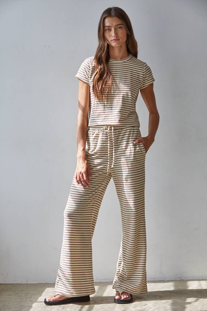 L8945B | Knit Polyester Cotton Striped Flare Pants: Grey Blue / L