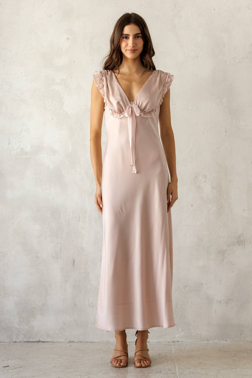 SIREN SATIN RUFFLE TIE MIDI DRESS: PINK