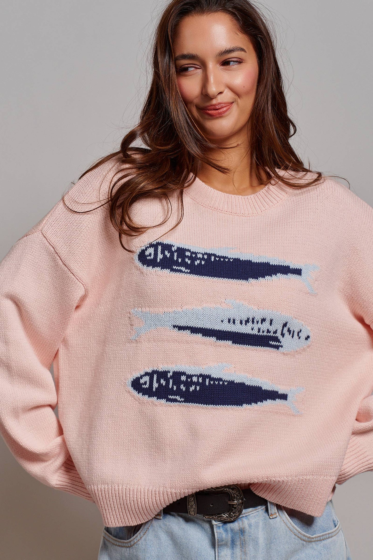 Graphic Oversized Drop-Shoulder Knit Sweater: Blue / SM-ML:3-3