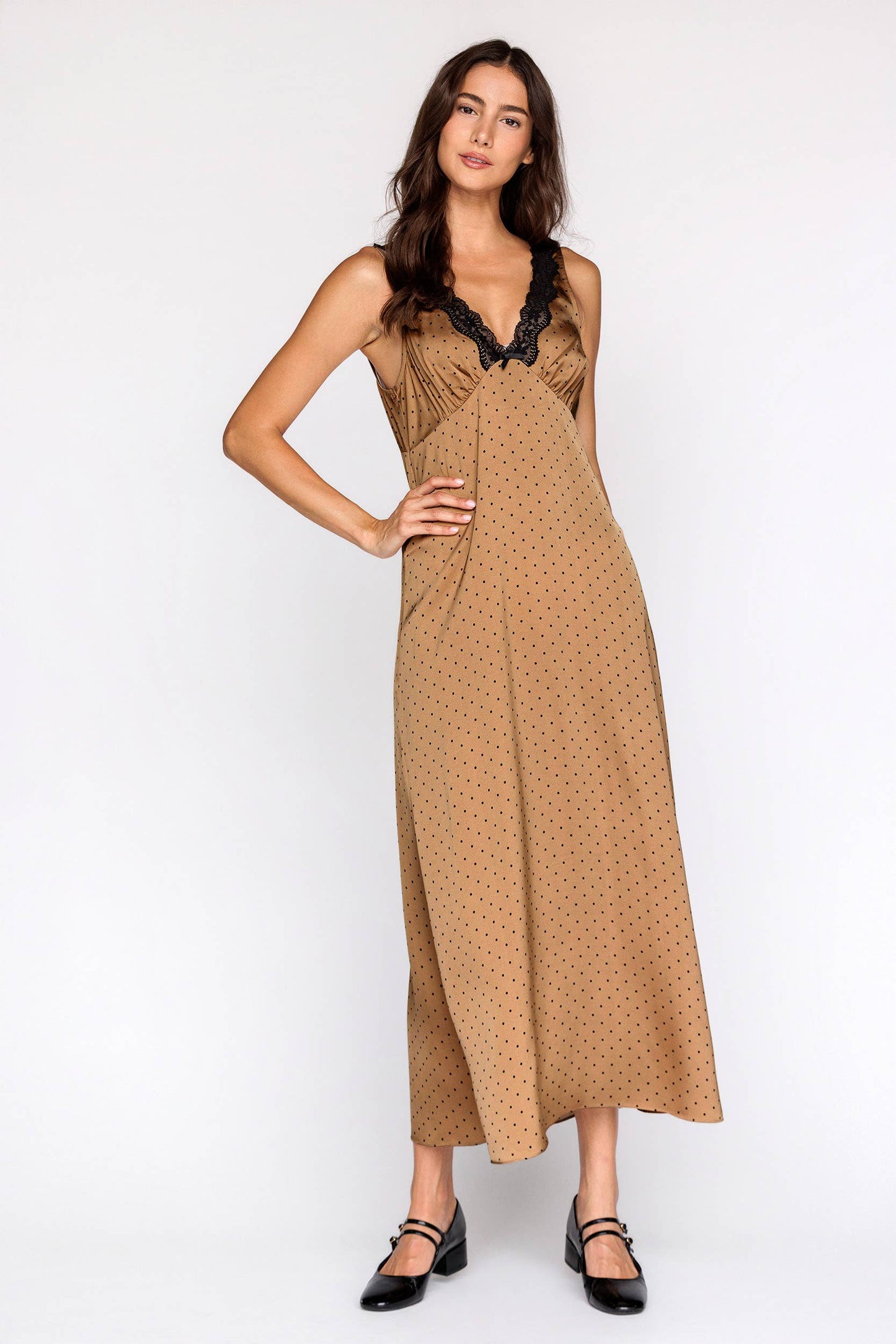 MEET ME POLKA DOT LACE TRIM MIDI DRESS: BRONZE/BLACK