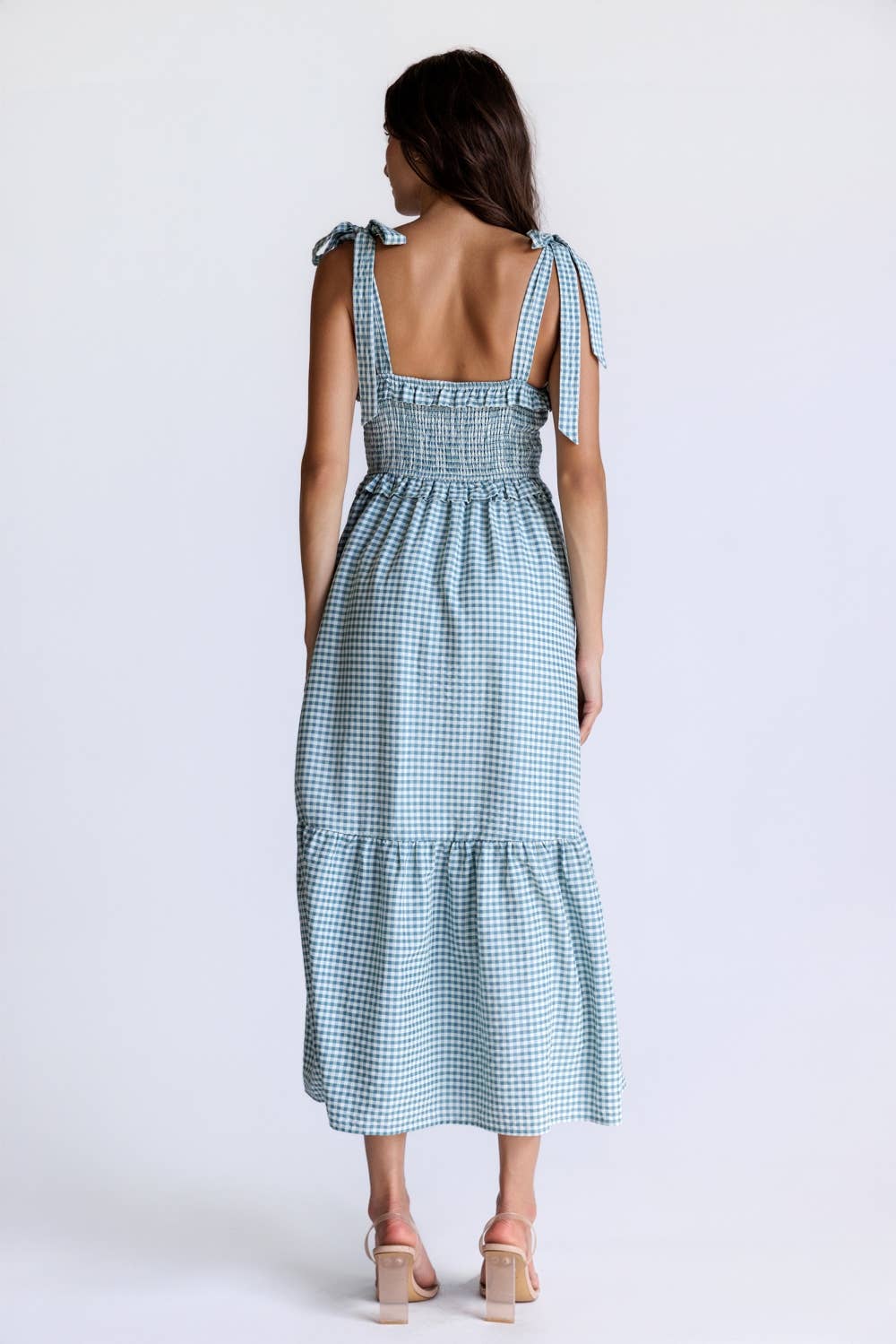 SMOCKED GINGHAM GIRL MIDI DRESS: IVORY & TEAL