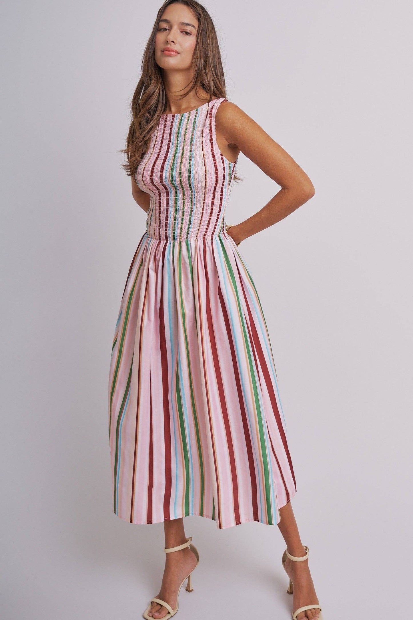Candy Stripe Smocked Midi Dress With High Neckline: Multi / S-M-L