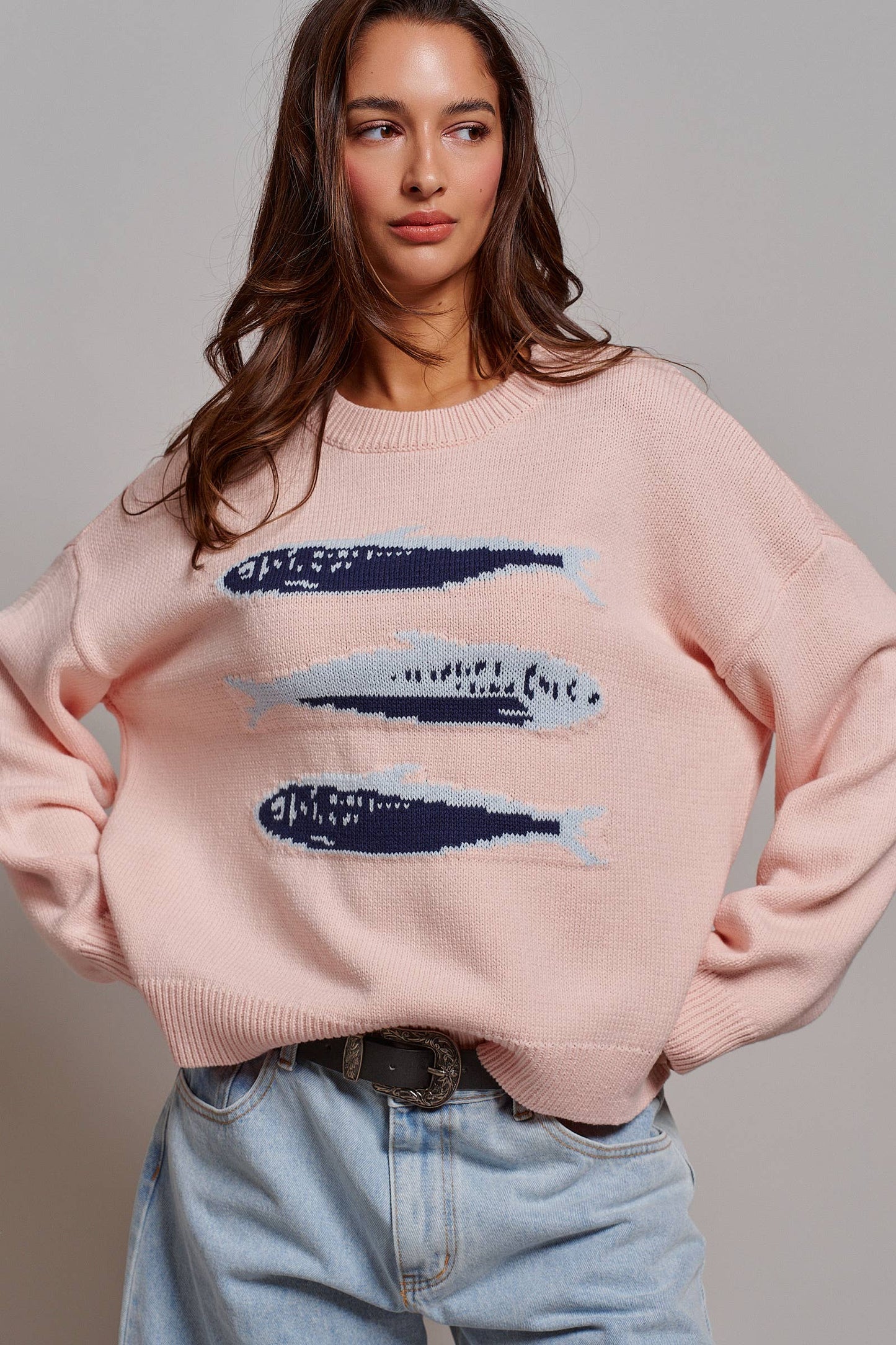 Graphic Oversized Drop-Shoulder Knit Sweater: Blue / SM-ML:3-3