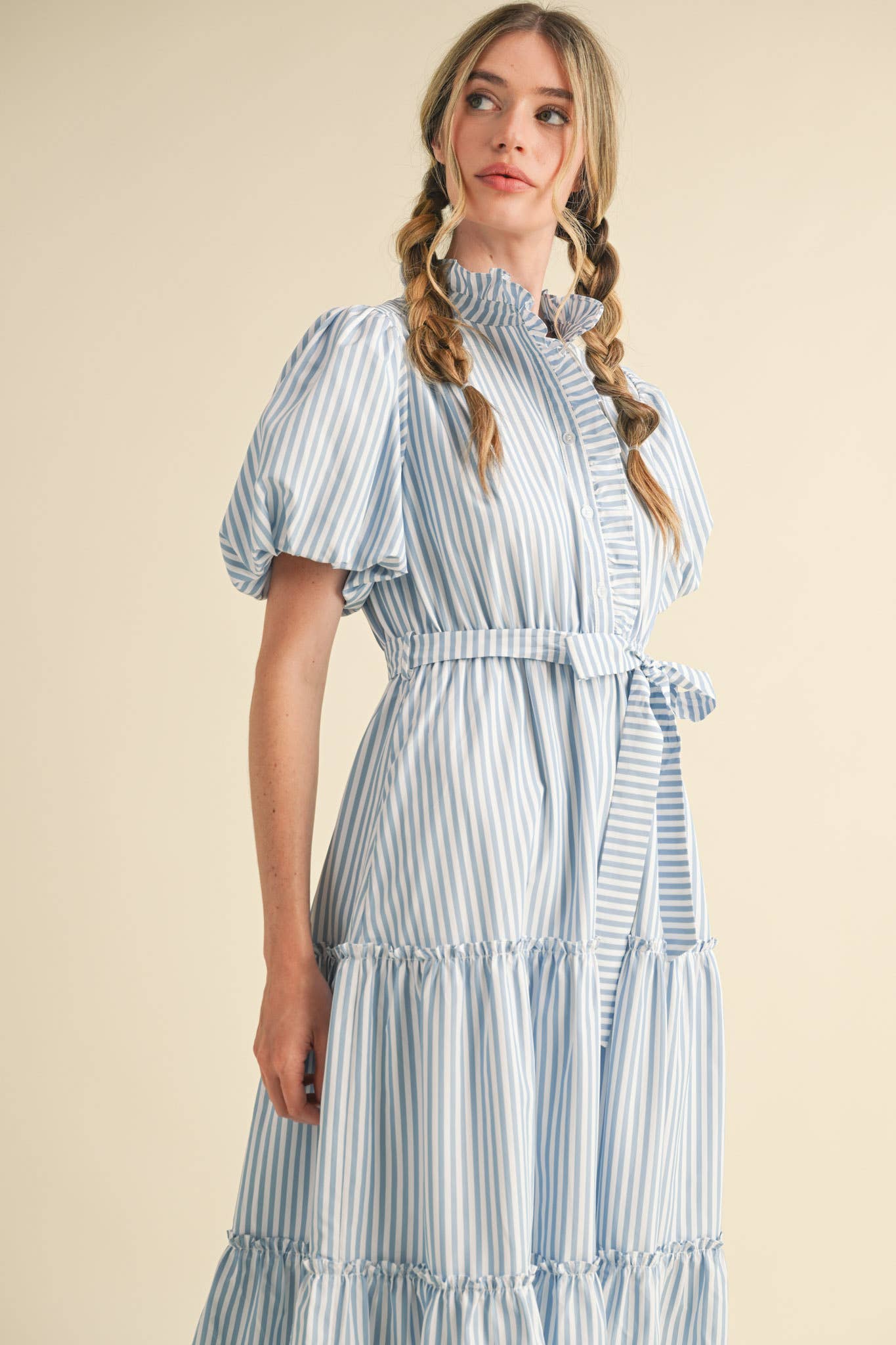 STRIPED RUFFLED BUTON DOWN MIDI DRESS - SKYBLUE STRIPE