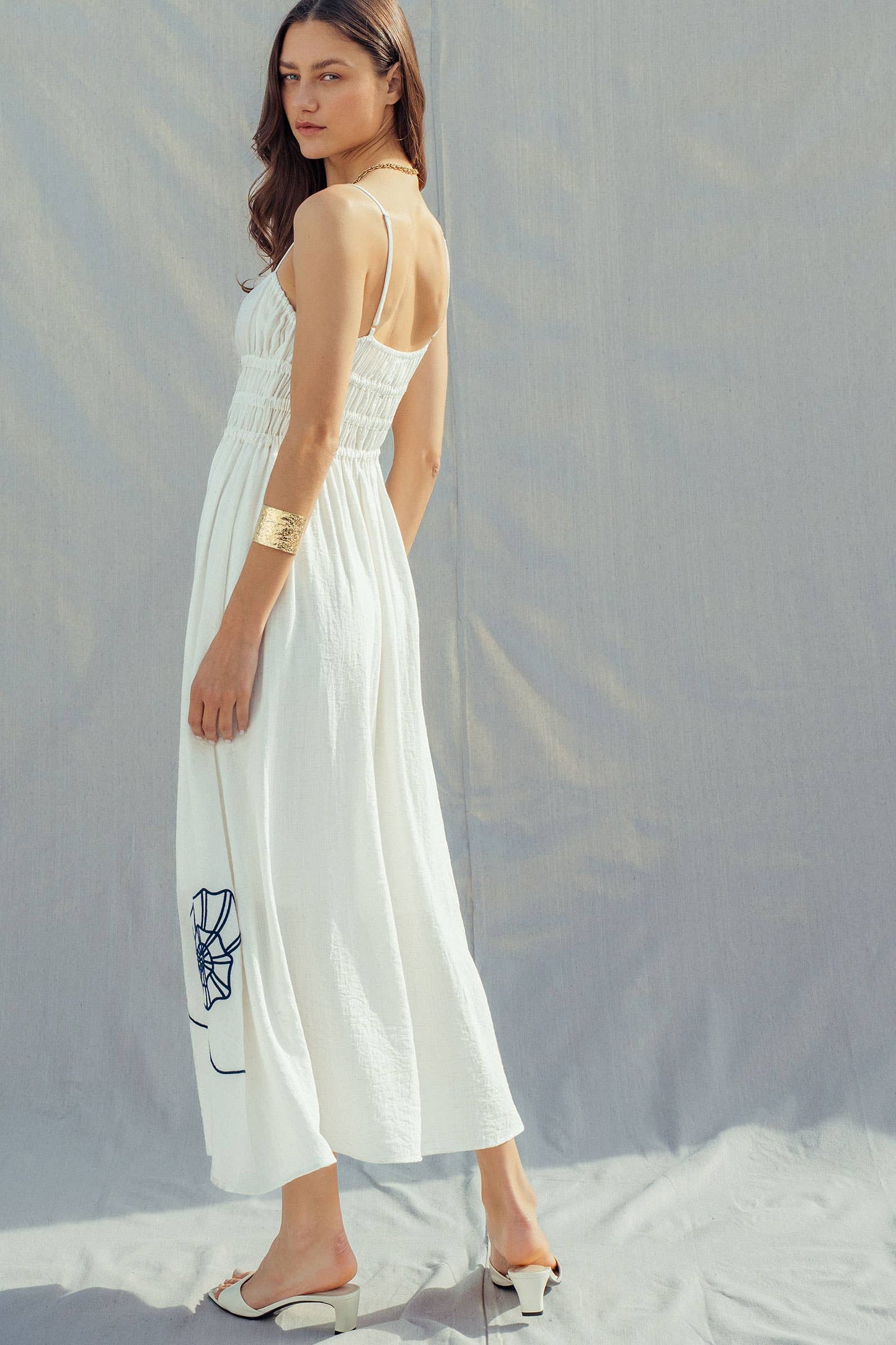Seashell Embroidered Linen Blend Smocked Dress