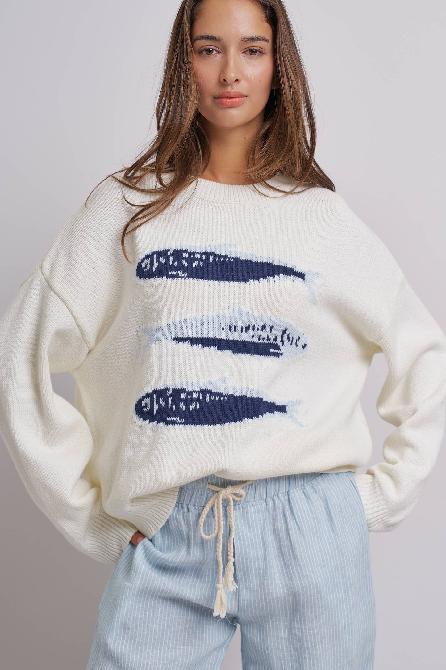 Graphic Oversized Drop-Shoulder Knit Sweater: Blue / SM-ML:3-3