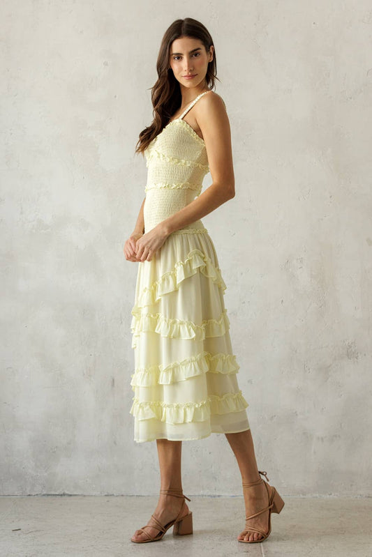 SONG BIRD YELLOW SMOCKED RUFFLE MIDI DRESS