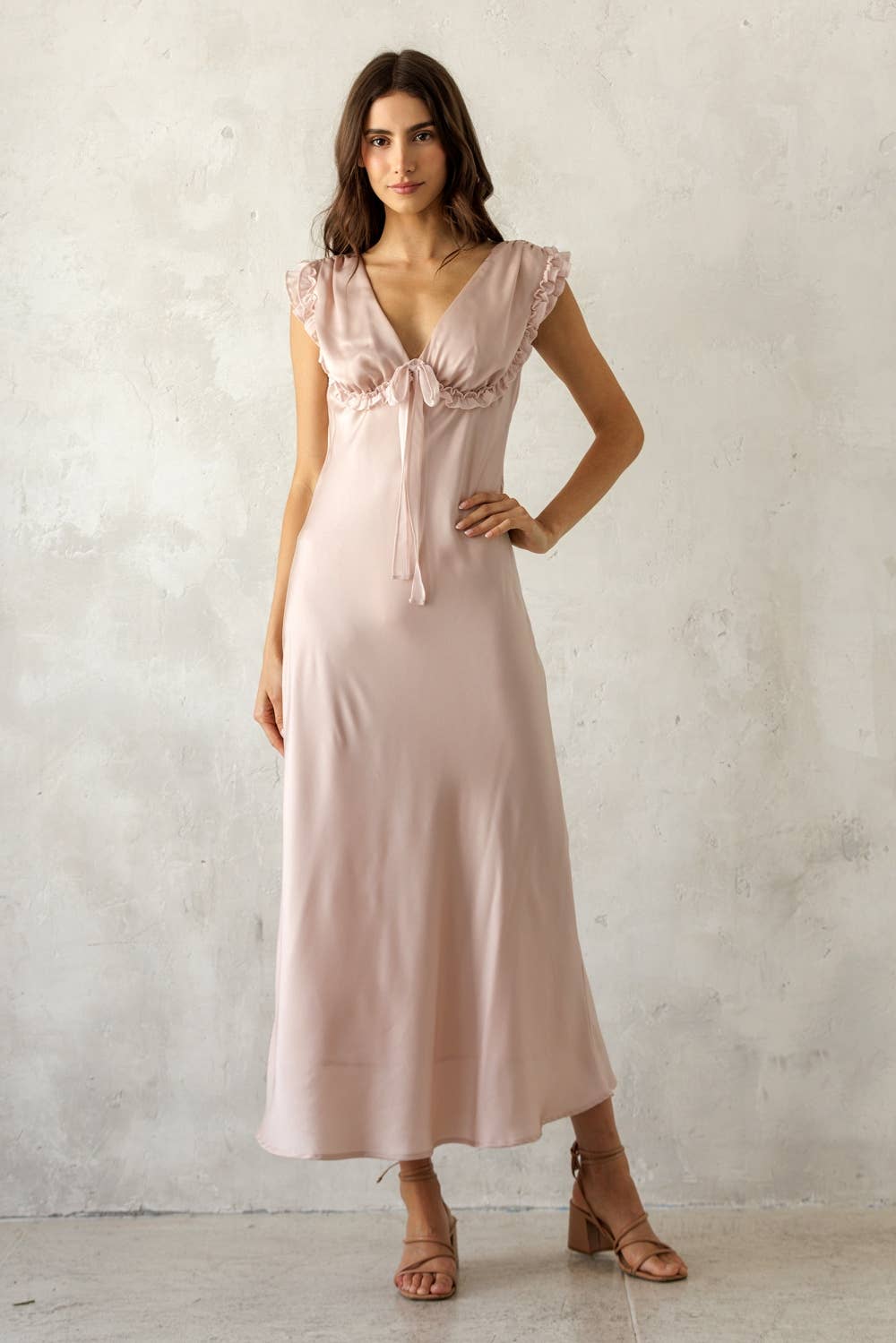 SIREN SATIN RUFFLE TIE MIDI DRESS: PINK