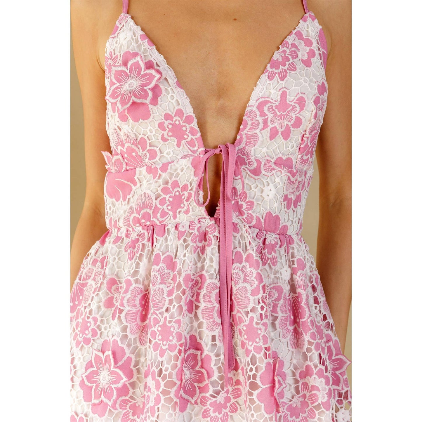 ZIMME PINK WHITE FLORAL LACE MINI DRESS: PINK WHITE FLORAL