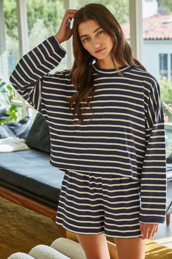 PERFECT MATCHING SET- Cotton Striped Mock Neck Long Sleeve & Shorts - Navy/White